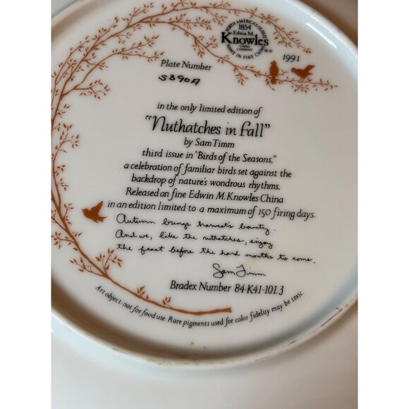 Knowles "Nuthatches in Fall" Collectors Plate Plate only 8.5" by Sam Timm - Picture 3 of 5